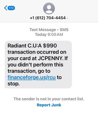Sample fraudulent text message