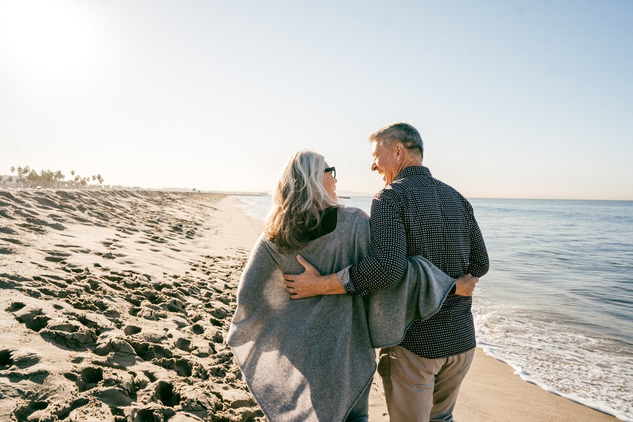 A couple walks along the beach feeling at ease, knowing they have cash set aside from their special share to cover their designated expenses.