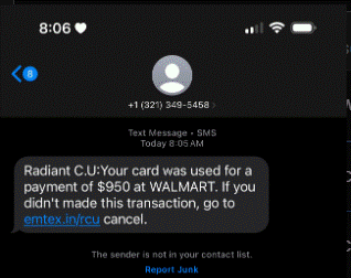 Sample fraudulent text message