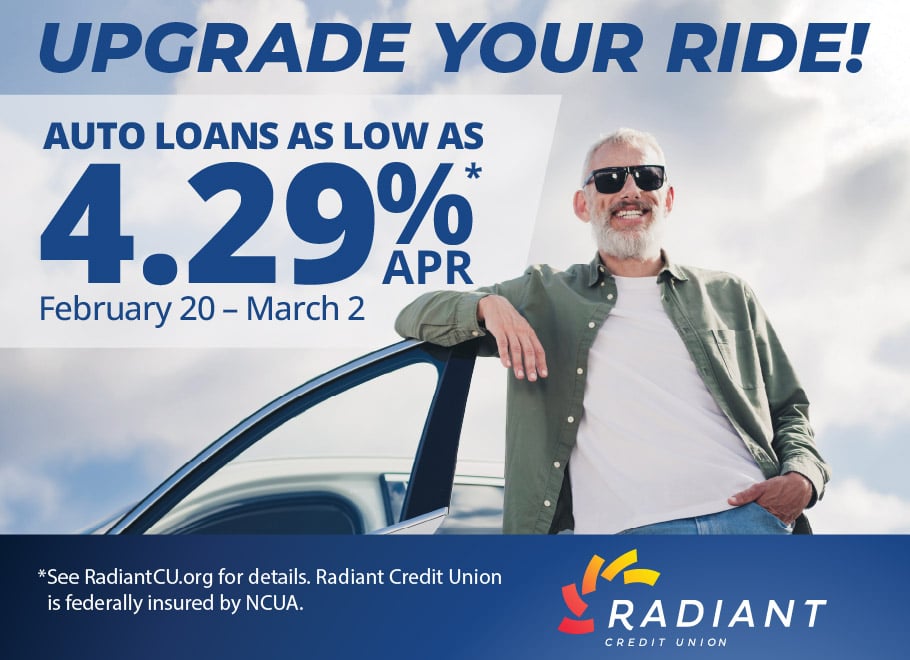 Ad showing a smiling man with a car advertising auto loans as low as 4.29%APR Ad showing a smiling man with a car advertising auto loans as low as 4.29%APR