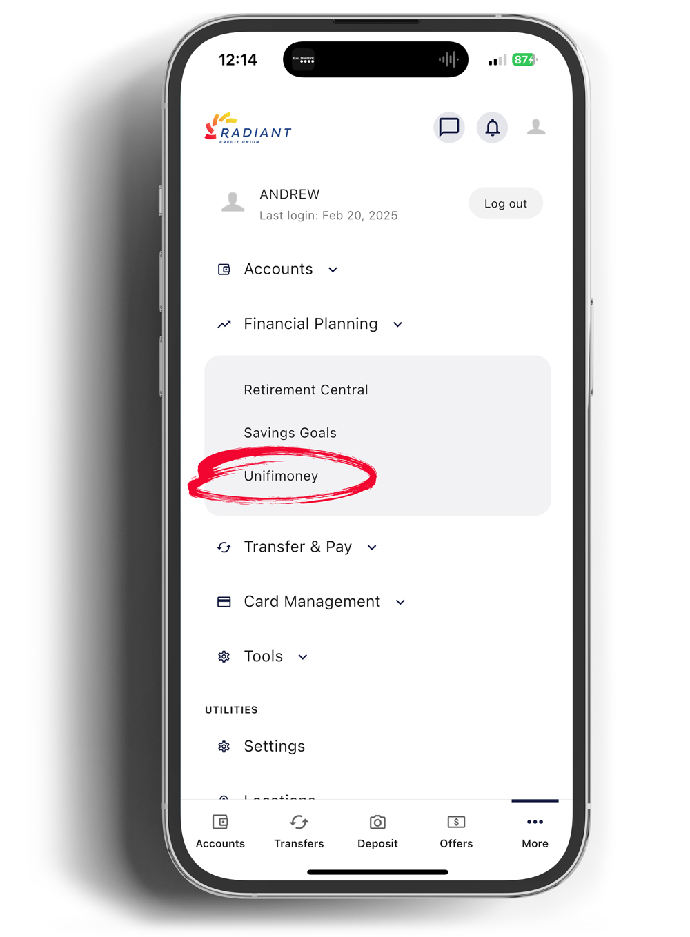 How to access unifymoney in the Radiant credit union mobile app