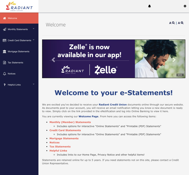 Screenshot of Radiant app showing eStatements section